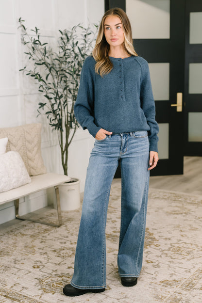 Just For Me Henley Brushed Pullover in Dusty Blue