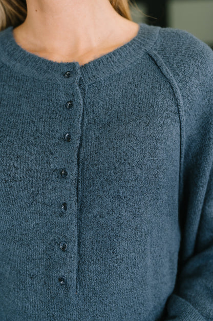 Just For Me Henley Brushed Pullover in Dusty Blue