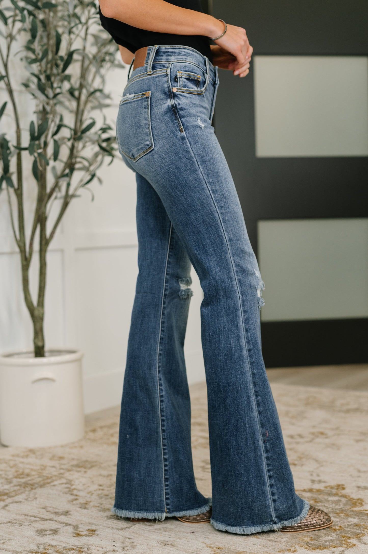 Marion Mid Rise Button Fly Flare with Destroy Fray Hem