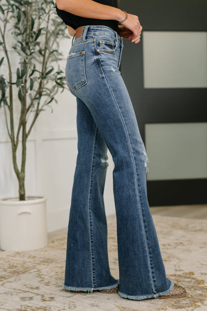 Marion Mid Rise Button Fly Flare with Destroy Fray Hem